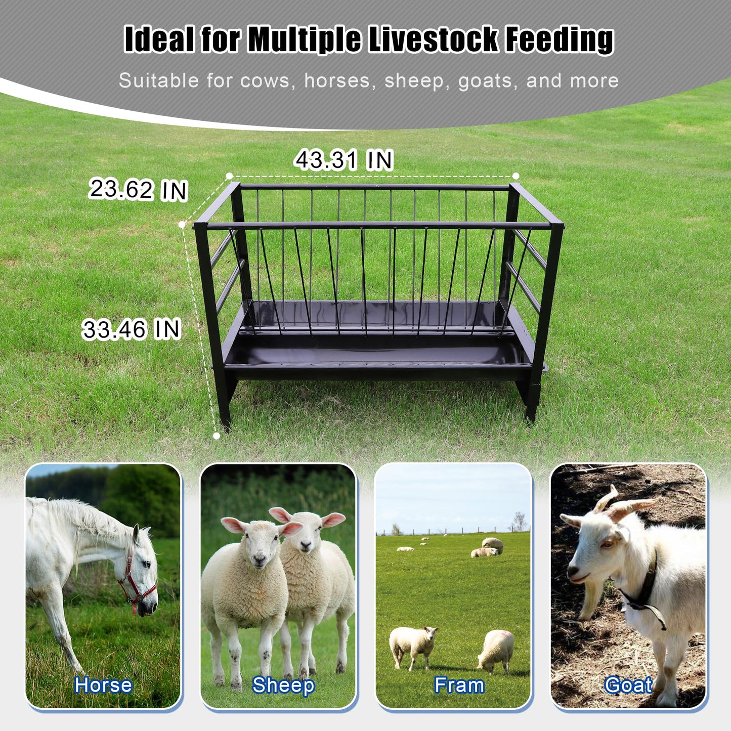 Large Pasture Hay Feeder 71Gallon, 2 in 1 Livestock Hay and Grain Feeder for Goat Sheep Horse, Galvanized Steel Livestock Feeders with Top Rack & Feeding Trough, Easy to Install for Farms Shed Outdoor
