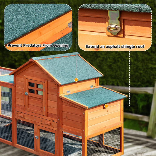 GARWOOD Large Wooden Chicken Coop Outdoor Big Hen House Poultry Pet Duck Hutch with Run Cage Nesting Box Waterproof Asphalt Roof Ramp Removable Tray Wire Fence for Backyard Small Animals 79" Brown