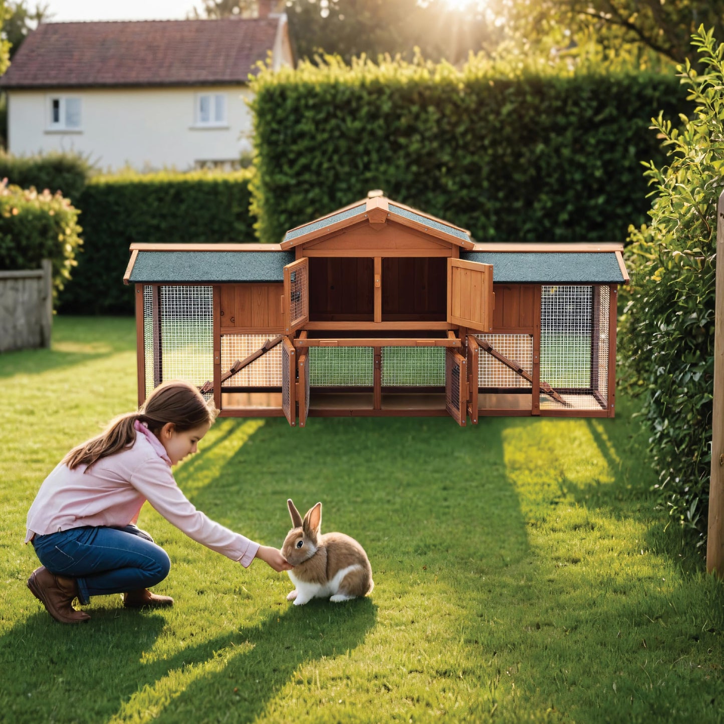 Hanover Durable Two-Level Outdoor Wooden Elevated Rabbit Hutch with Ramp and Large Wire Mesh Run (6.5'x1.7'x2.8') Security Cage for Rabbits, Guinea Pigs with Waterproof Roof, Removable Food Tray