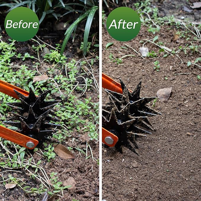 Walensee Rotary Cultivator Tool, Adjustable Garden Hand Tiller with Stainless Steel Pole, 2-in-1 Garden Weeder and Crumbler Soil Cultivator Tool with Weeding Knife for Soil Mixing or Reseeding Grass
