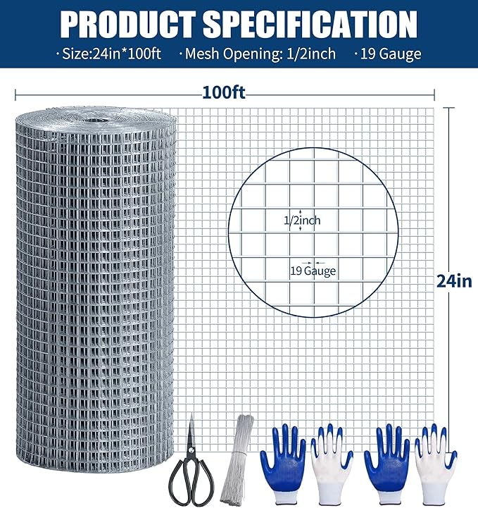Hardware Cloth 1/2 Inch 24 in x 100 ft 19 Gauge, Hot Dip Galvanized Wire Mesh Rolls Welded Chicken Wire Fencing for Chicken Coop Barrier, Poultry Netting Cage Wire Fence(1/2 inch 24''× 100')