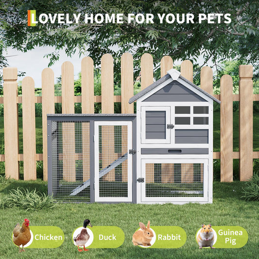 2-Story Rabbit Hutch, Small Wooden Chicken Coop, with Waterproof Roof, Pull Out Tray and a Wooden Ramp, Bunny Cage for Indoor Outdoor