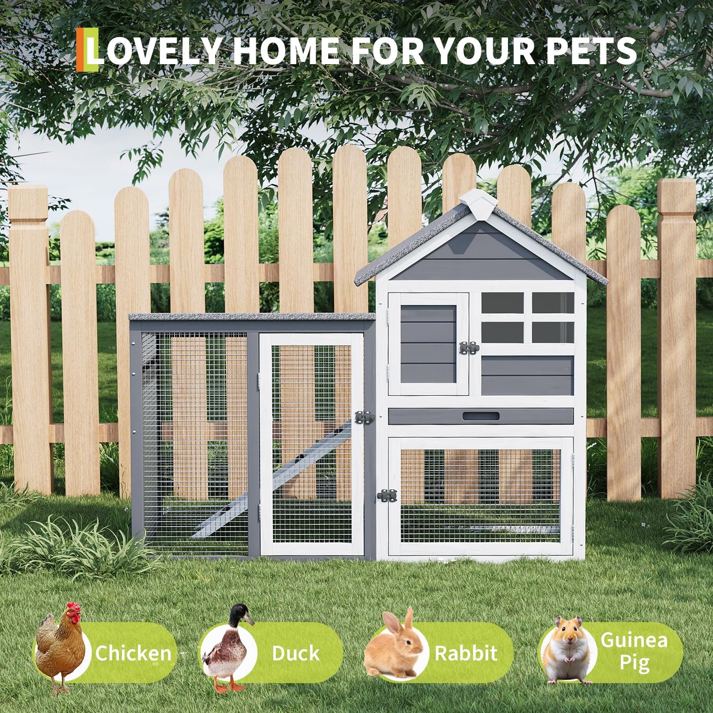 2-Tier Rabbit & Chicken House,Wooden Chicken Coop & Bunny Cage with Non-Slip Ramp, 4 Doors,Waterproof Roof & Pull-Out Tray,Outdoor/Indoor Pet Cage