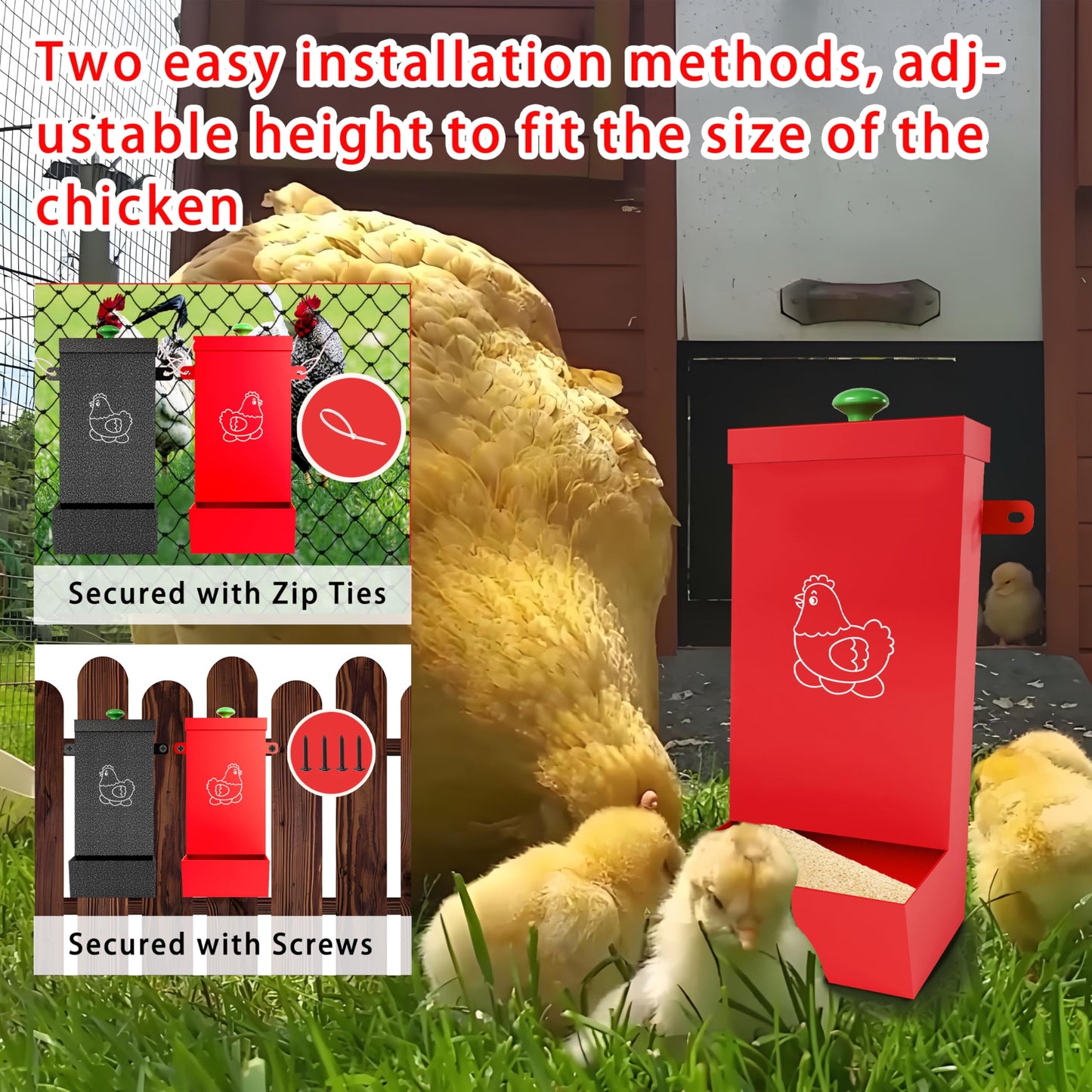 2-Pack Metal Hanging Chicken Feeder with Lid – Waterproof Gravity Poultry Feeder Trough, Automatic Chicken Coop Accessories (Black + Red)