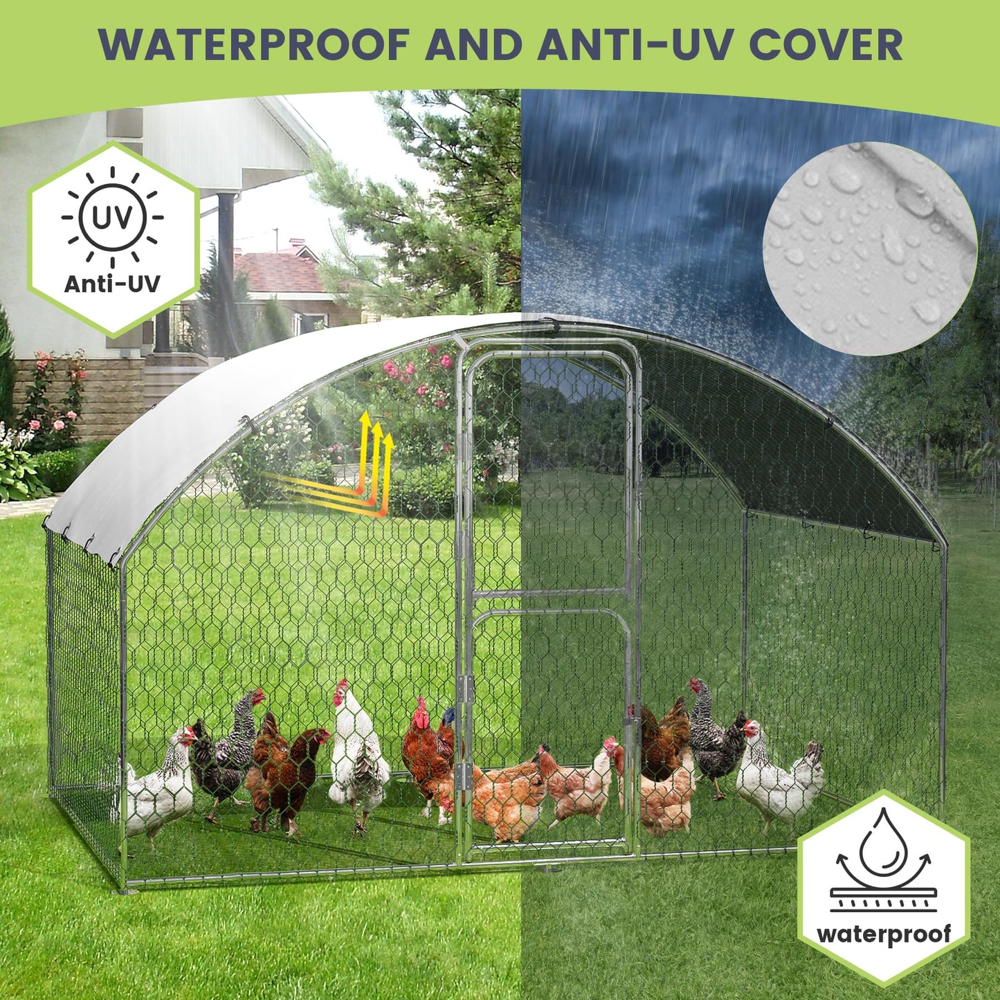 Large Metal Chicken Coop, Dome Shape Chicken Coop with Double Door, Chicken Run with Waterproof and Anti-UV Cover, Large Chicken Pen for Outdoor Farm Yard (6.5'L x 9.8'W x 6.6'H)