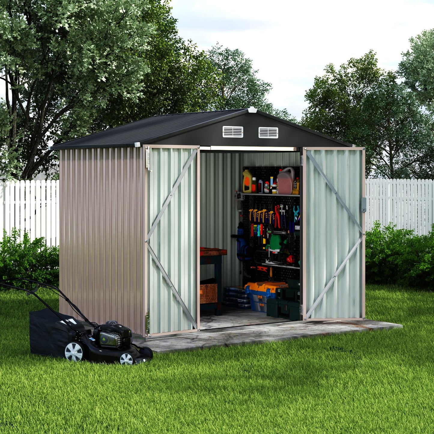 GarveeLife 6x8x6.4 FT Outdoor Storage Sheds, Metal Garden Tool Shed for Backyard, Large Metal Sheds Outdoor Storage with Lockable Doors & Air Vents for Backyard Garden Patio Lawn