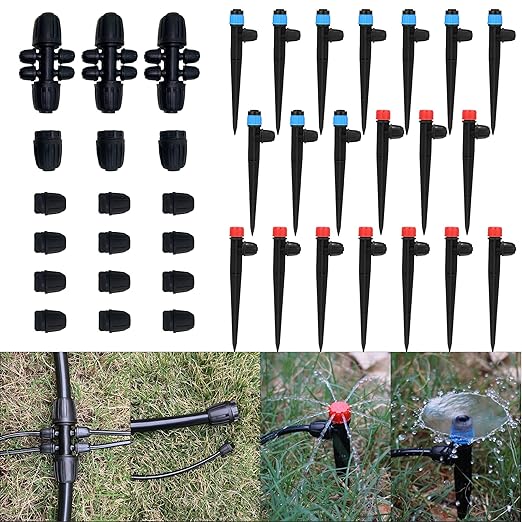 Drip Irrigation Fittings Kit, 1/2" to 1/4" Barbed Connectors, End Plugs, Adjustable Drip Emitters and Vortex Spray Emitters for 1/4" Tubing in Garden or Lawn Use (Tubing Not Included) 38 PCS