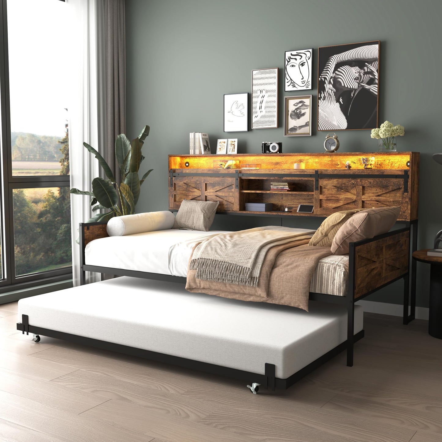 KEIKI Twin Daybed with Trundle, Farmhouse Daybed Frame with Sliding Barn Door Headboard, Charging Station & LED Lights, Convertible to 2 Twin Beds or Sofa Bed, Rustic Brown