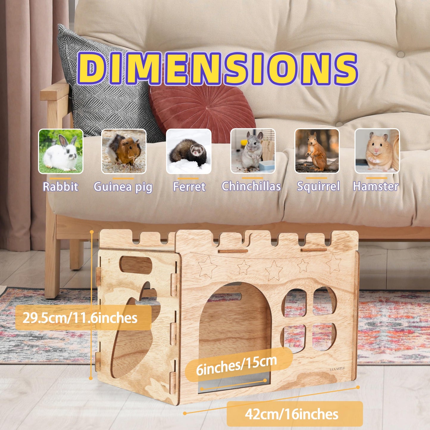 LEXASTLE Larger Bunny Castle Sturdy Walnut Color Wooden Rabbit Hideout for Bunnies Guniea Pigs Ferrets Chinchillas Hamsters