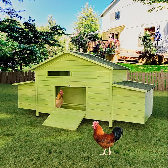 67.7" Large Wooden Chicken Coop for 4-6 Chickens,Outdoor Hen House Poultry Pet Hutch Cage with 2 Free-Range Doors,2 Side Nesting Boxes and Sliding Tray,Green