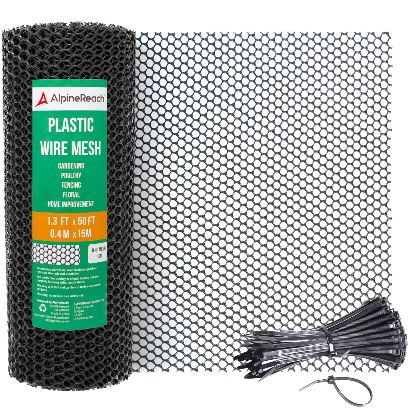 AlpineReach Plastic Wire Mesh 1.3ft x 50ft (15.7" x 600") Fence Roll with Zip Ties - Ideal for Poultry, Dogs, Rabbit Barrier & Gardening, Durable Chicken Mesh, Versatile Rigid Fencing & Netting, Black