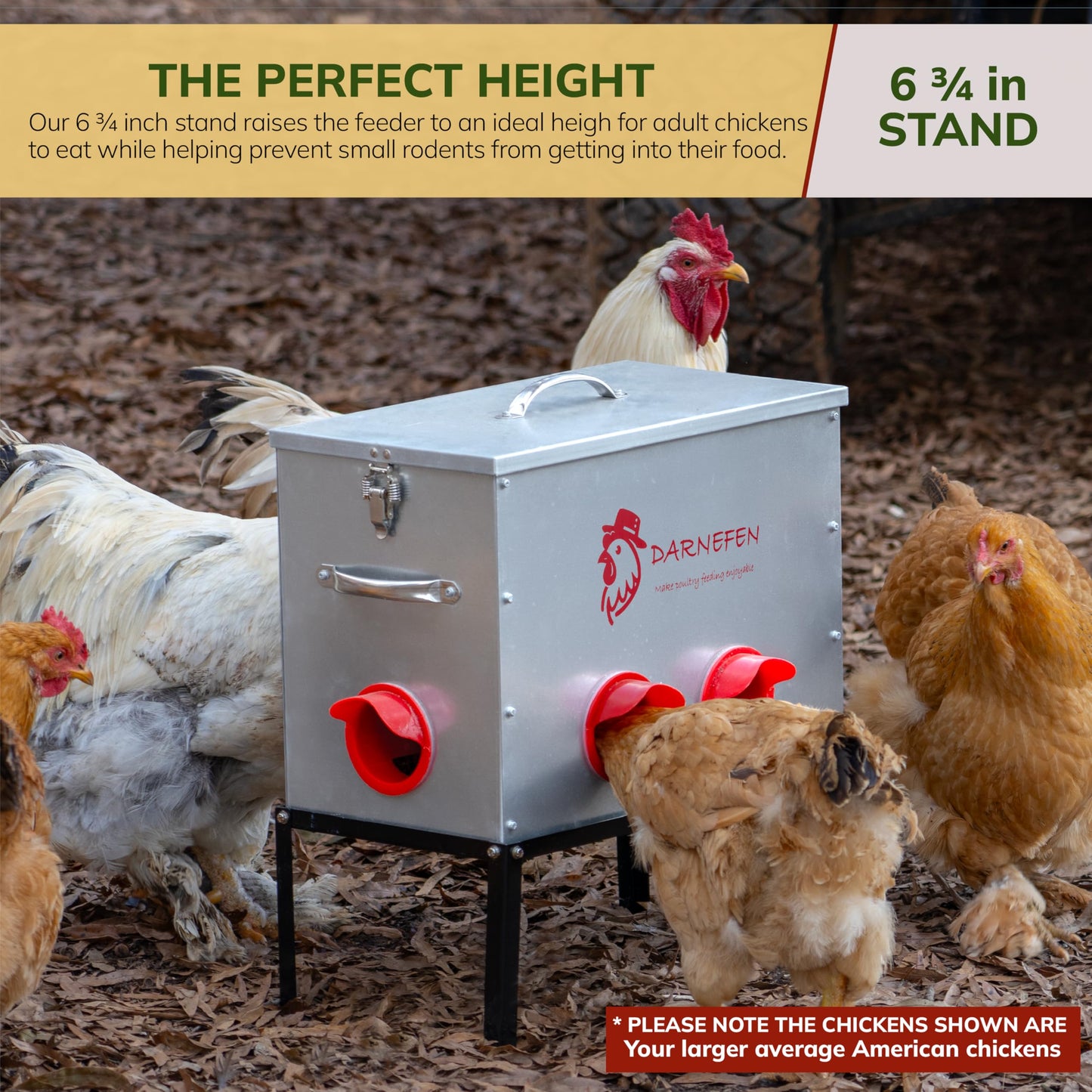 Darnefen Automatic Chicken Feeder Rat Proof - 40lb 6 Ports Large Capacity Metal Poultry Feeder with Legs and Lids - Galvanized Chicken Feeder for Hen Coop