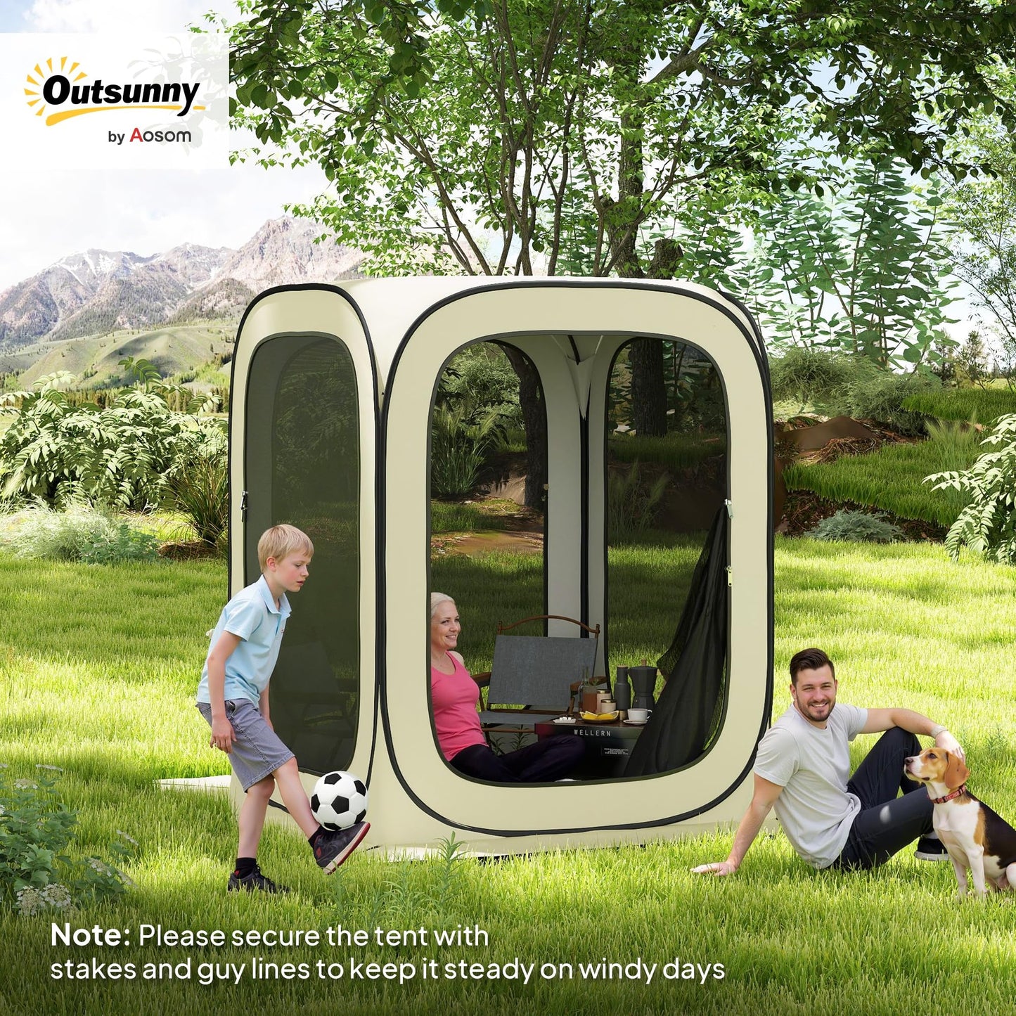 Outsunny 6 x 6ft Pop Up Screen Tent, Portable Camping Gazebo Canopy Screen House with UPF50+ Oxford Cloth and Carry Bag for Patio, Backyard, Deck and Outdoor Activities, Beige