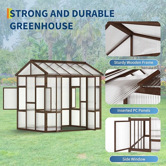 6x8 FT Wooden Greenhouse for Outdoor - Heavy Duty Walk-in Green House Kit with 6mm Polycarbonate,Ventilated Window & Lockable Door for Backyard,Patio,Lawn