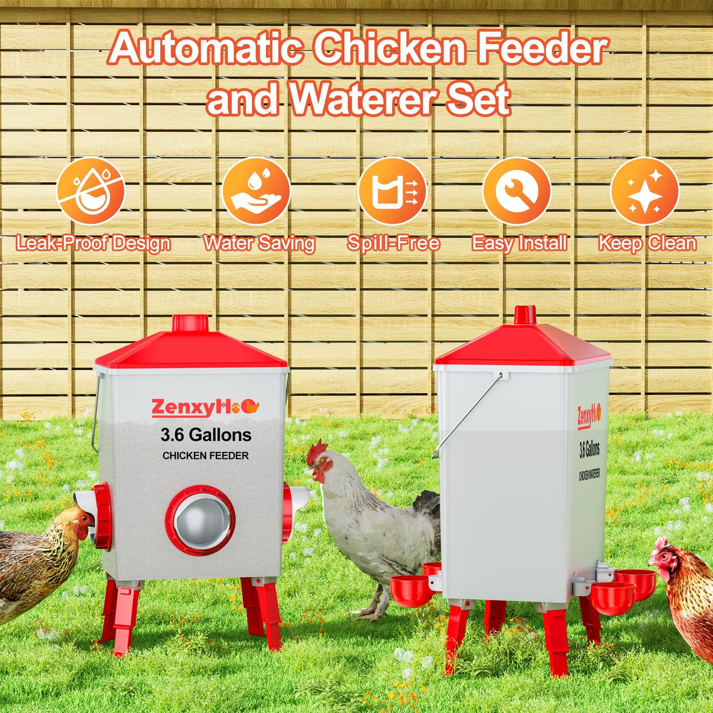 ZenxyHoC 3.6 Gallons Chicken Feeder and Waterer Set with Adjustable Legs and Anti Roost Cone