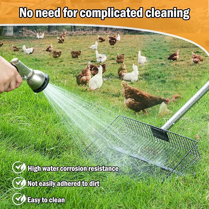 15 Inch Large Chicken Poop Scooper, Chicken Coop Scooper with 38" to 76" Adjustable Stainless Steel Handle, Litter Sifting Shovel for Chicken Coop, Farm, Sheep Pen, Cat Litter, Stable Cleaning