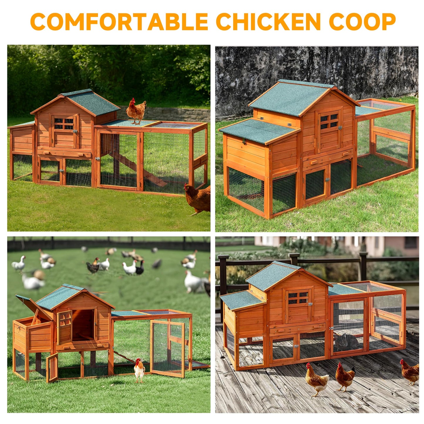GARWOOD Large Wooden Chicken Coop Outdoor Big Hen House Poultry Pet Duck Hutch with Run Cage Nesting Box Waterproof Asphalt Roof Ramp Removable Tray Wire Fence for Backyard Small Animals 79" Brown