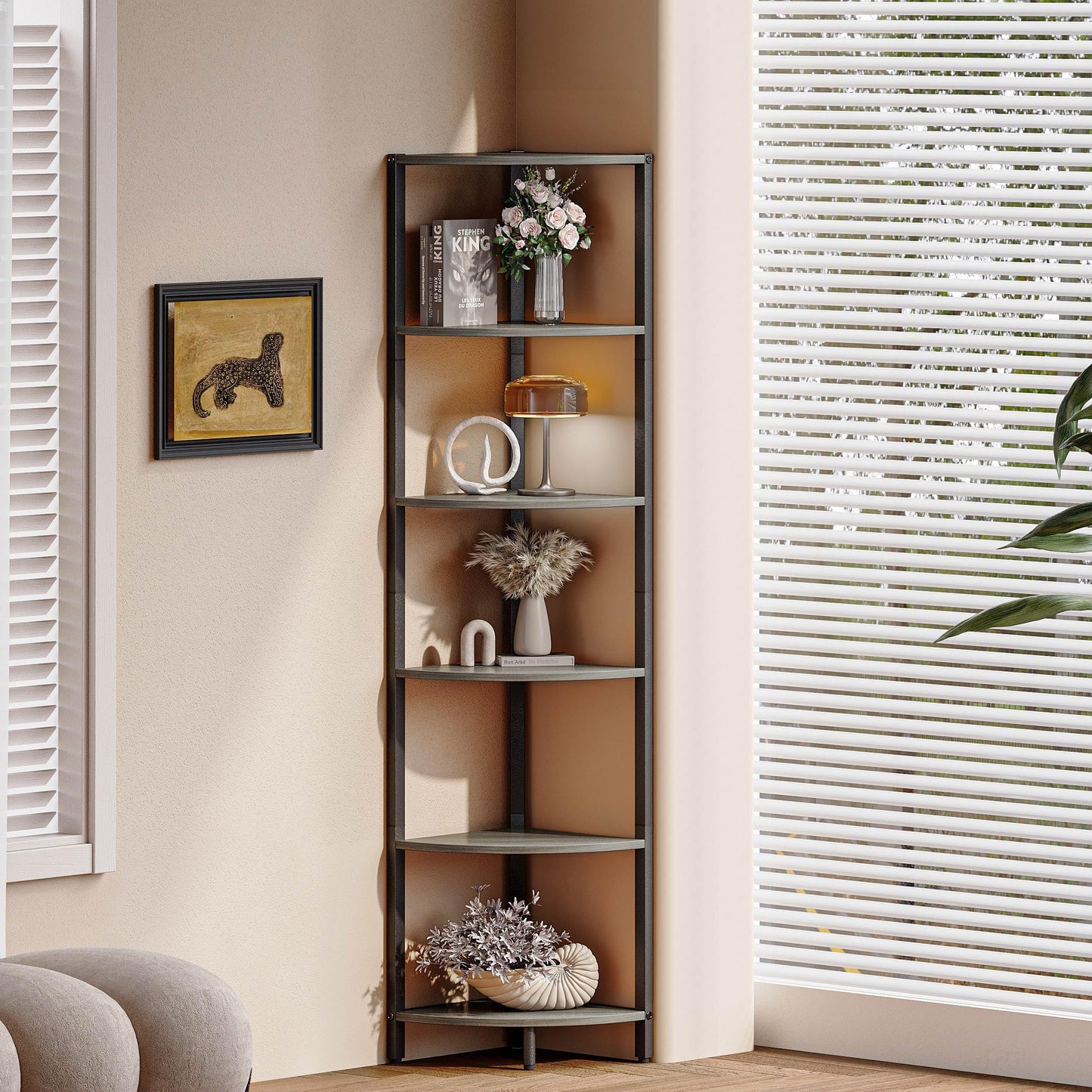 IRCPEN 6 Tier Corner Shelf 63.1" Tall Ladder Corner Storage Shelf Rack Grey Woodgrain Industrial Standing Bookshelf Shelf Organizer Display Rack Bookcase Plant Stand for Living Room Bedroom CS-001GW