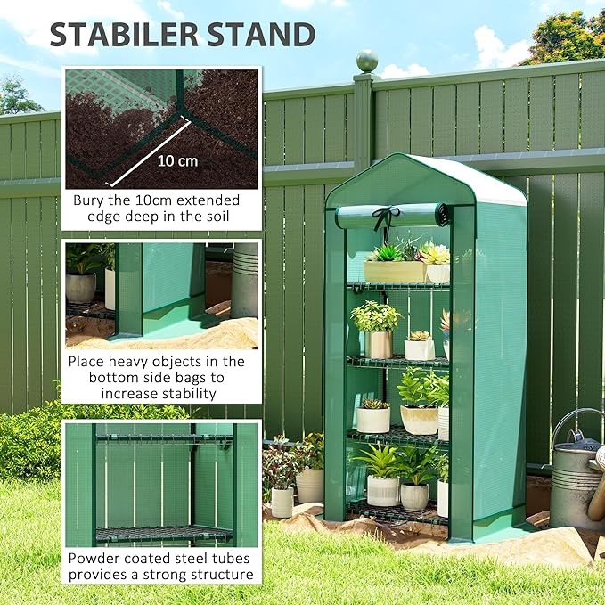 Outsunny 4 Tier Mini Greenhouse with Screen Roof, 27.6" x 19.7" x 62.2", Portable Small Greenhouse with High Strength PE Cover, Roll-Up Zipper Door for Garden Yard Backyard, Green