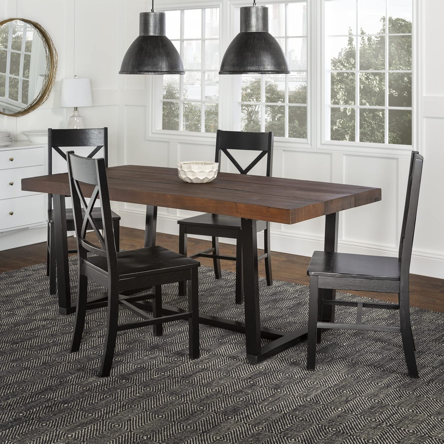 Walker Edison Barnes 5-Piece Rustic Metal and Wood Dining Table with X-Back Chairs Set of 5 Mahogany/Black