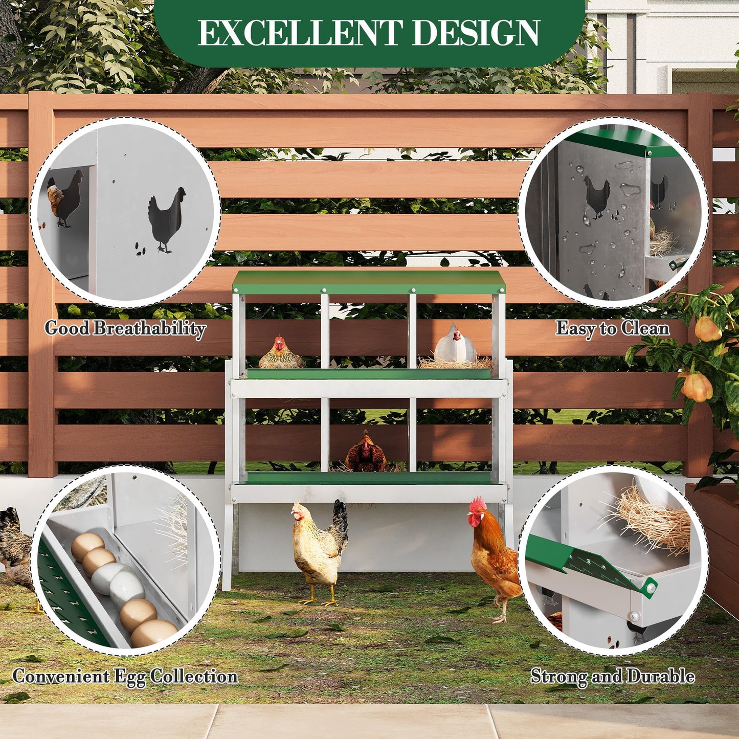 Chicken Nesting Box,6 Holes with Legs Roll Away Nesting Box for Laying Eggs, Wall Mount Chicken Nesting Boxes with Roll Out Egg Collection with Vented Holes for Hens, Green