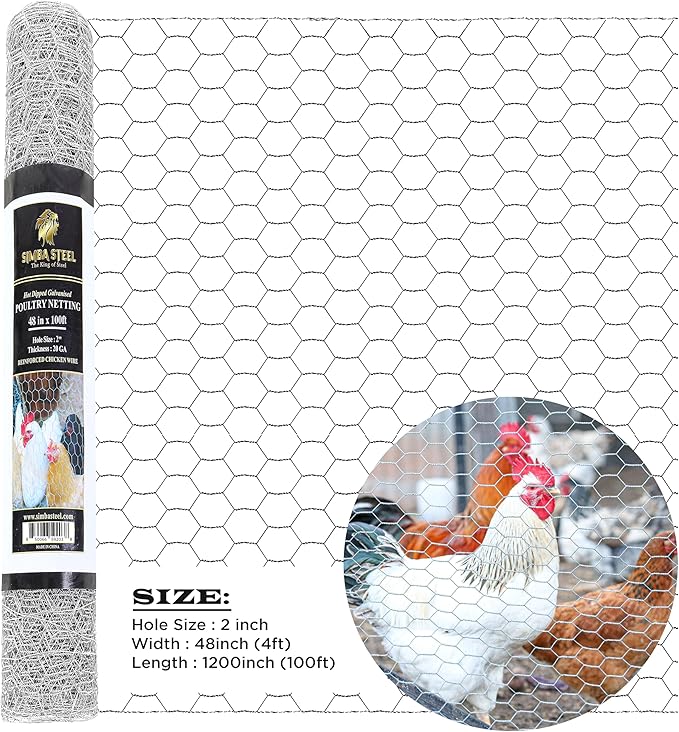 Chicken Wire 48 in x 100 FT x 2” Mesh x 20GA | Poultry Wire Netting | Hot Dipped Galvanised | Hexagonal Galvanized Mesh for Chicken Coop, Rabbit Cage, Fence Barrier PM48x100x2
