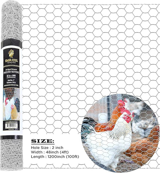 Chicken Wire 48 in x 100 FT x 2” Mesh x 20GA | Poultry Wire Netting | Hot Dipped Galvanised | Hexagonal Galvanized Mesh for Chicken Coop, Rabbit Cage, Fence Barrier PM48x100x2