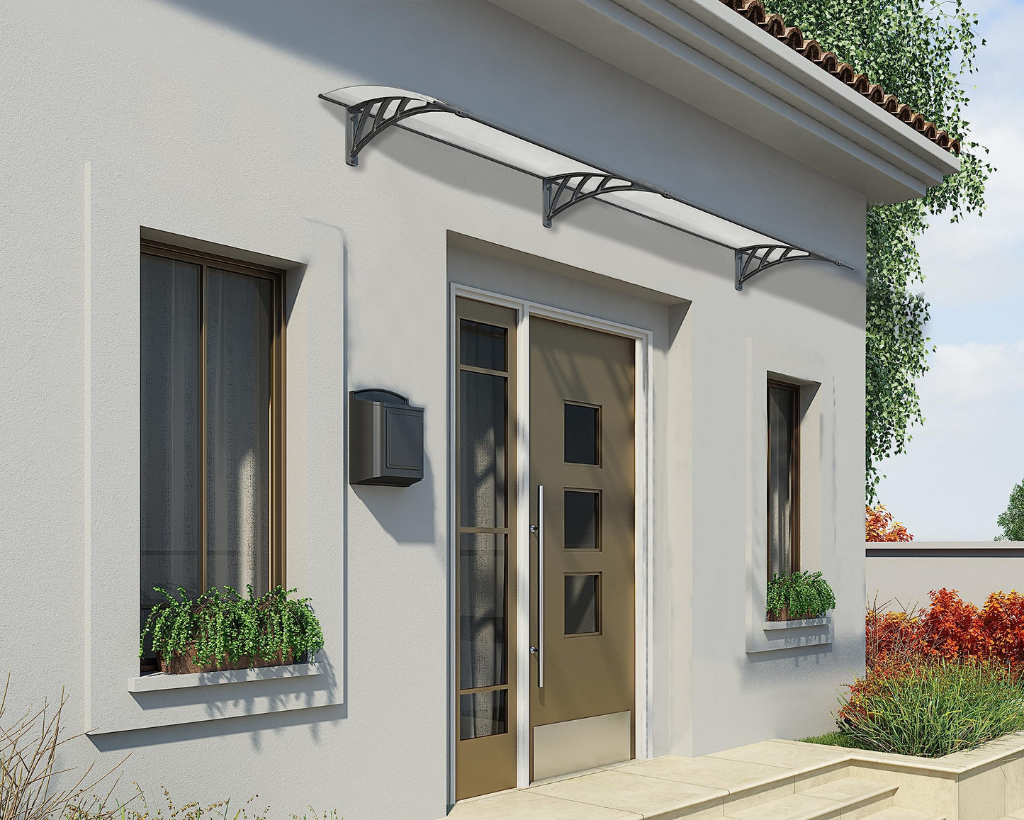 Palram - Canopia Neo 2700-9' x 3' Window & Door Awning for Door Entrance, High-End Polycarbonate Patio Canopy with Clear Panels, UV Protection, Modern Gray Metal Frame, Weather Resistant Overhang