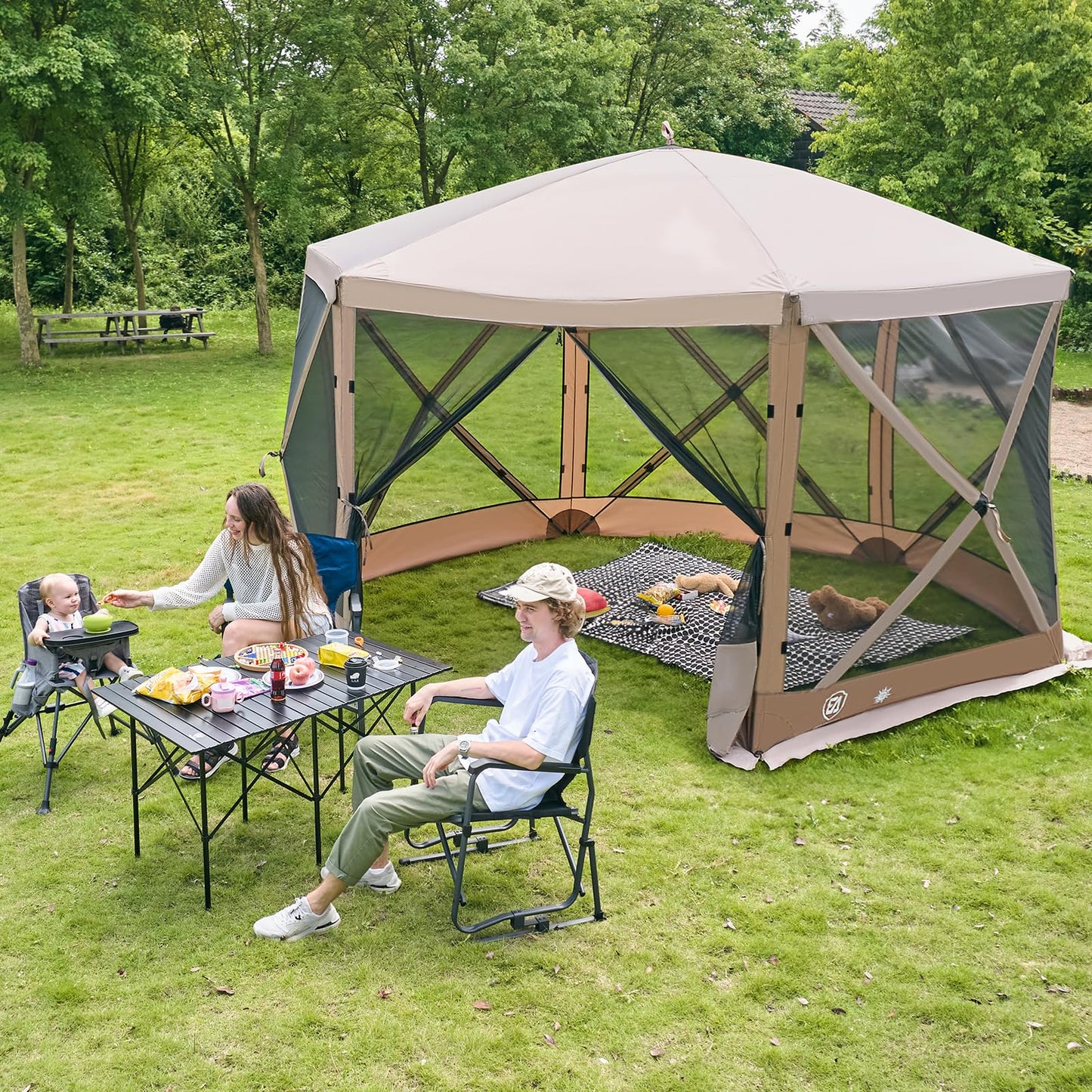 EVER ADVANCED Pop Up Gazebo Screen House Tent for Camping 11.5 ft for 8-10 Person Instant Canopy Shelter with Netting Portable for Outdoor, Backyard, Brown