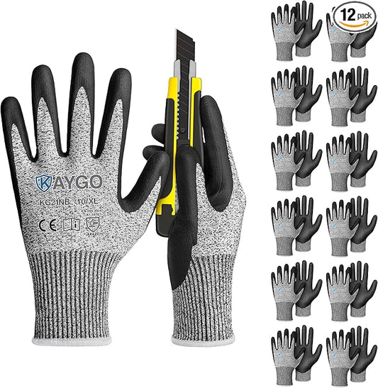 KAYGO 12 Pairs Cut Resistant Gloves for Men and Women, ANSI Cut Level A3 Nitrile Micro-Foam Safety Gloves KG21NB, Durable, Ideal for Wood Carving, Glass Handling, Construction, Fishing, XL, Grey