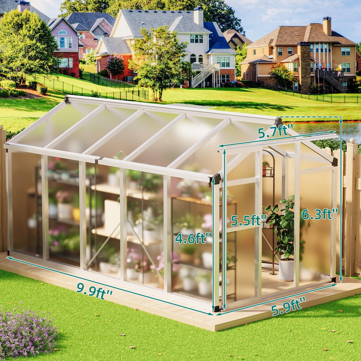 Garvee 6x10 ft Greenhouse - Aluminum Greenhouses for Outdoors, Large Polycarbonate Greenhouse with Roof Vent, Heavy Duty Walk-in Green Houses for Outside Garden, Backyard, Patio, Lawn, Easy Assembly