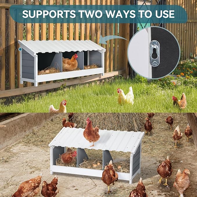 PETSFIT 3 Holes Chicken Nesting Box-All Weather PVC Roof, Natural Wood Design with Privacy Back Panel for Hens-Wall Mounted or Floor Use in Coops, Farms, Backyards,Easy to Assemble and Clean