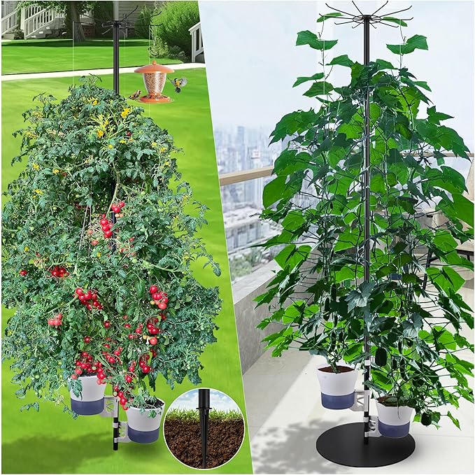 Tall Metal Plant Stand Outdoor/Indoor 72",Large Patio Plant Stand with Self-Watering Planter Pot & Hooks for Balcony,DIY Hydroponics Growing System Tower Garden Kit for large plants, Height Adjustable