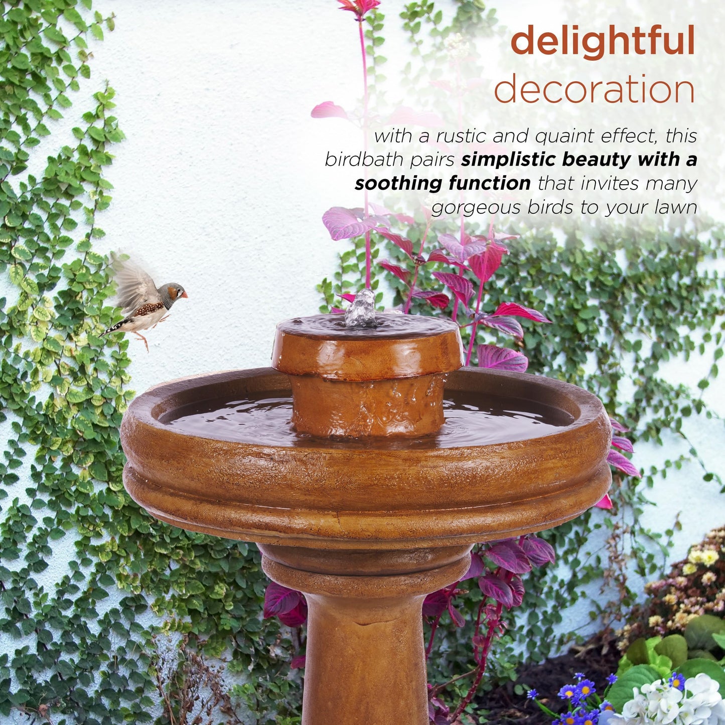 Alpine Corporation TZL202SLR 29" Solar-Powered Outdoor Birdbath Fountain with LED Lights – Elegant Pedestal Garden Water Feature for Backyard and Patio Décor, Brown