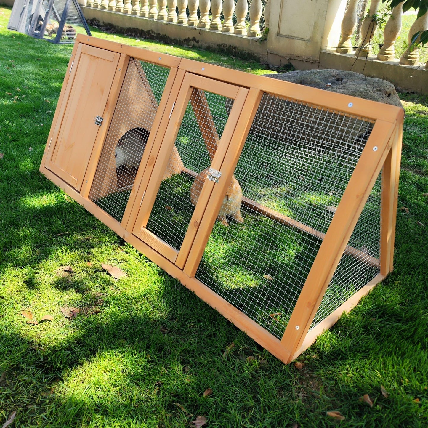Kecreque Rabbit Hutch Outdoor Chicken Coop Run A-Frame Bunny Cage Wooden Quail Cage w/ 2 Door & Ventilated Wire Fence Small Animal Cage for Garden Backyard Farms 47 x 18 x 19.5 in