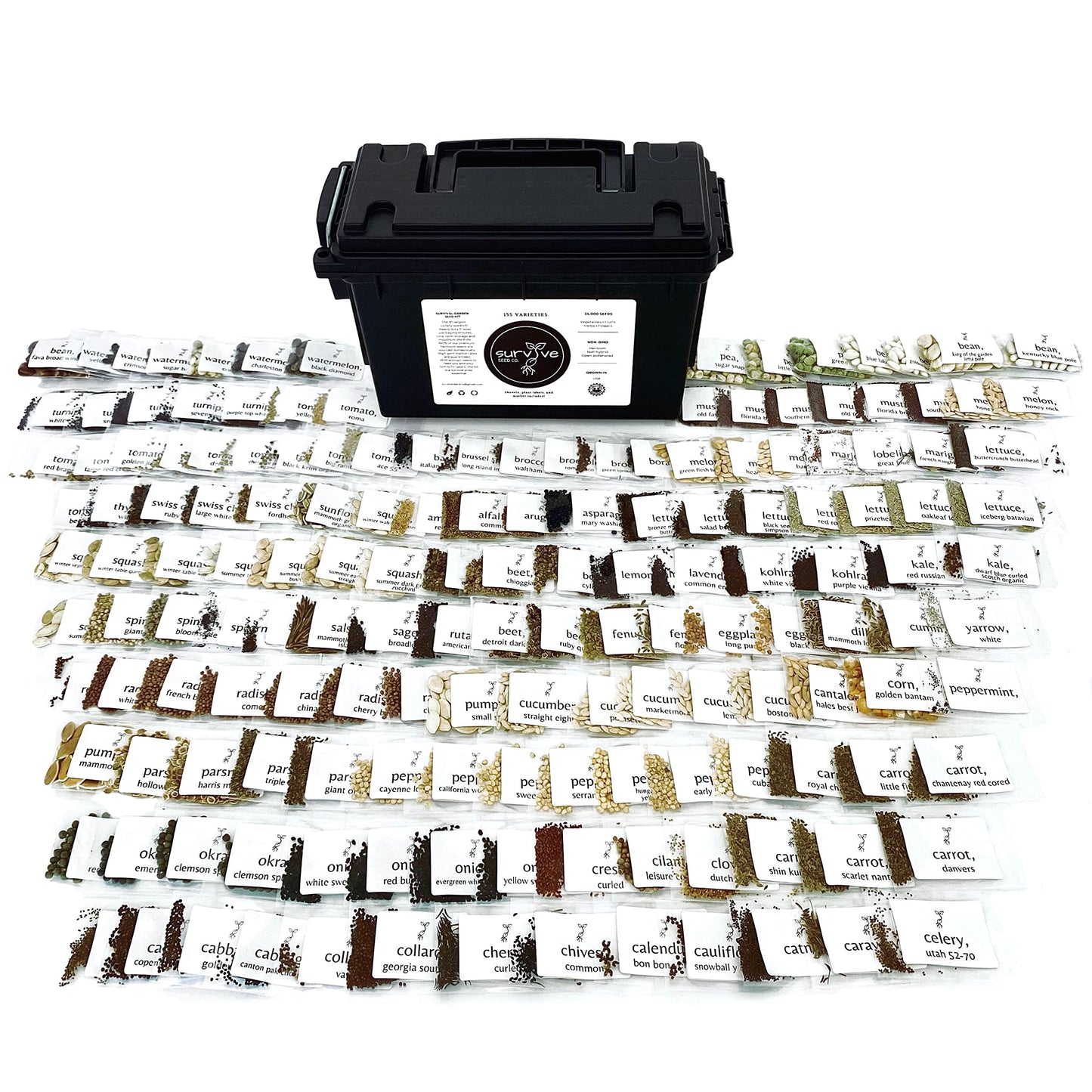 Survival Seed Kit America's #1 Largest Assortment of Heirloom Seeds - 155 Varieties - (Over 65,000 Seeds) Vegetable Fruit Herb Flower, Non-GMO, Seed Vault, Home Garden by Survive Seed Co.