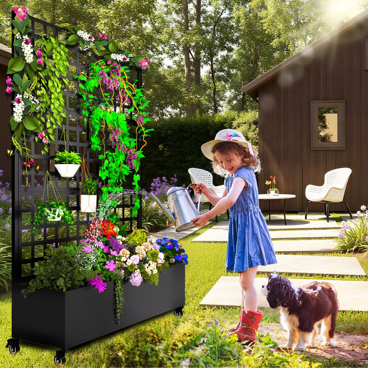 MTART Metal Planter Box with Trellis, 72"x47"x16" Outdoor Galvanized Raised Garden Bed with Privacy Screen & Drainage Holes & Lockable Casters for Climbing Plants, Vegetable, Vines (Black-Grid)