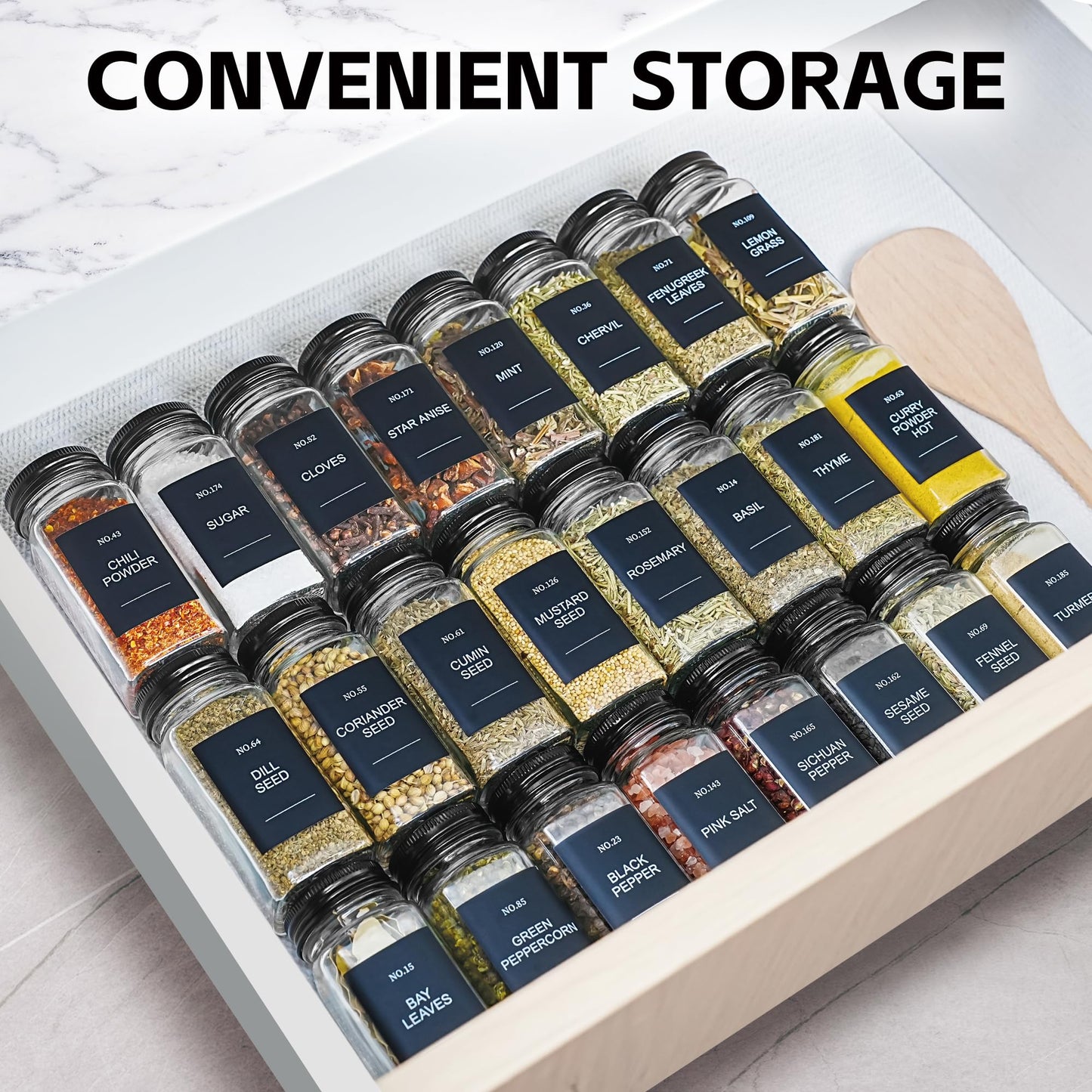 Miuyhji Spice Jars, 24 Pcs 4oz Seasoning Jars with Label, Glass Jars with Shaker Lids, Spice Containers Bottles with Pepper Grinder & Stainless Steel Funnel for Seasoning Organizer, Cabinet, Drawer