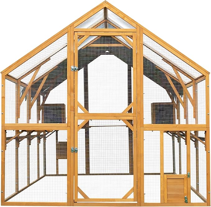 109.6'' Large Wood Chicken Coop Enclosures,Walk-in Poultry Cage, Chicken Run Pen Duck House with Walking Platforms & 2 Napping Houses,Waterproof and Anti-Ultraviolet Cover,Yellow