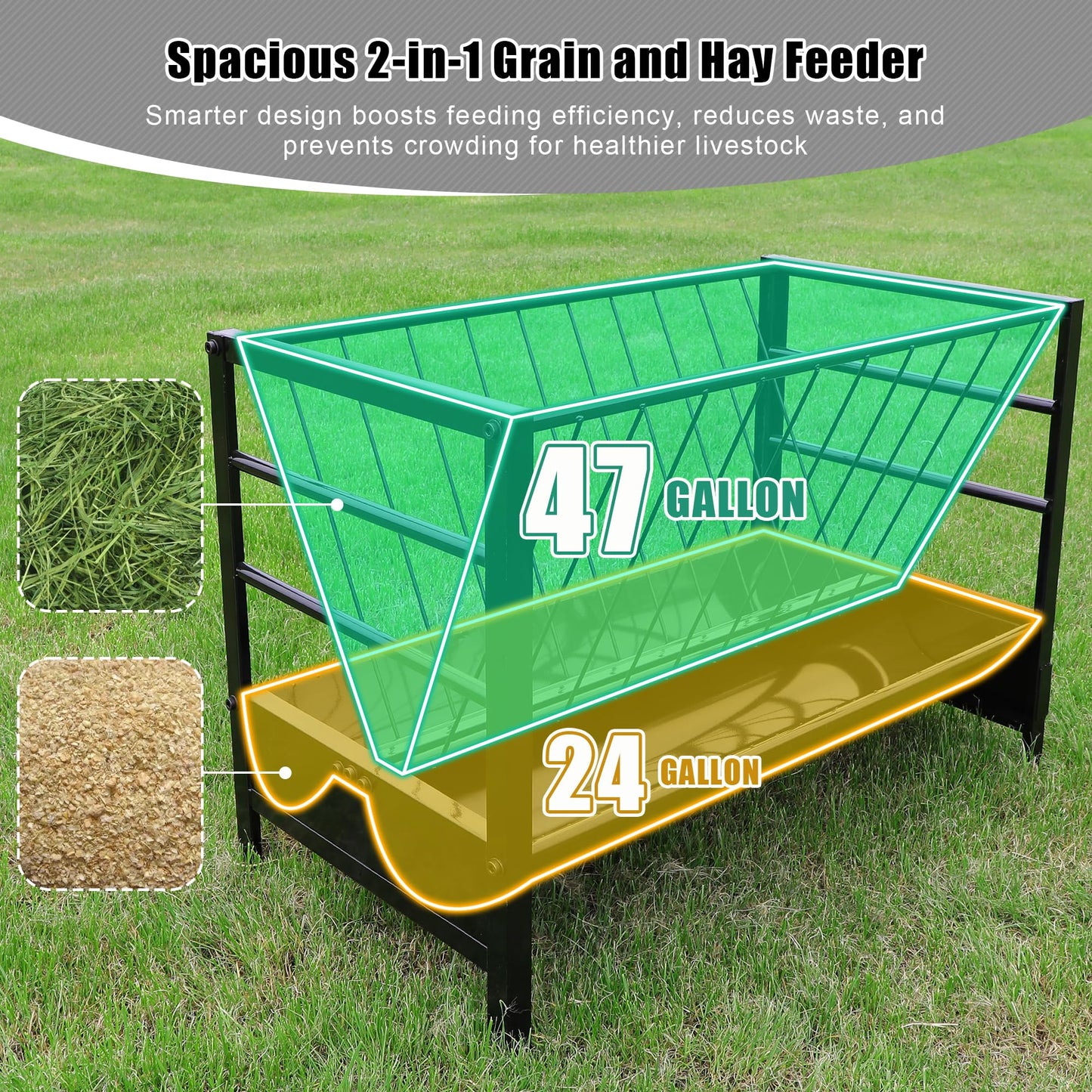 Large Pasture Hay Feeder 71Gallon, 2 in 1 Livestock Hay and Grain Feeder for Goat Sheep Horse, Galvanized Steel Livestock Feeders with Top Rack & Feeding Trough, Easy to Install for Farms Shed Outdoor