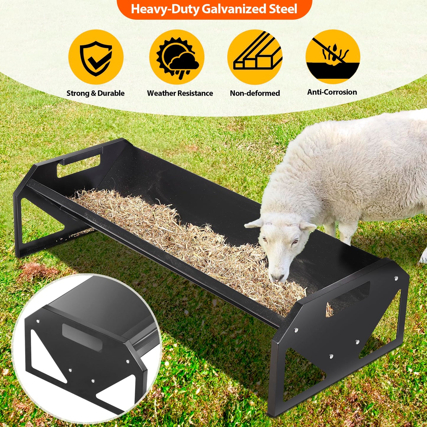 Oxphanor Pasture Feeder 44.2" Long, Heavy-Duty Large Capacity Livestock Feeder with Deeper Feeding Pan, Livestock Feeding Trough Easy to Clean, for Goats, Calves, Sheep, Horses