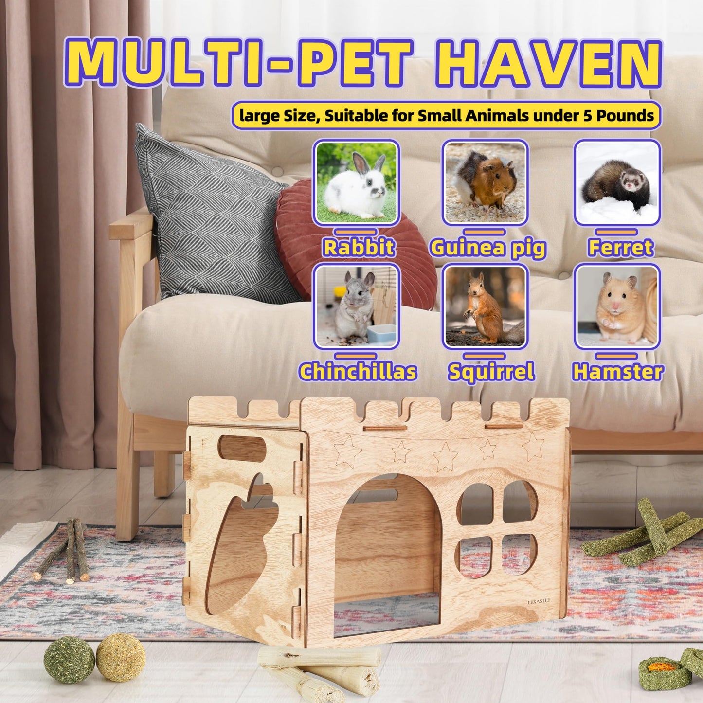 LEXASTLE Larger Bunny Castle Sturdy Walnut Color Wooden Rabbit Hideout for Bunnies Guniea Pigs Ferrets Chinchillas Hamsters