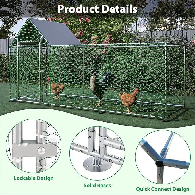 Metal Chicken Coop,10x3FT Walk-in Chicken Run,Galvanized Wire Poultry Chicken Hen Pen Cage, Rabbits Duck Cages with Waterproof and Anti-Ultraviolet Cover for Backyard and Farm