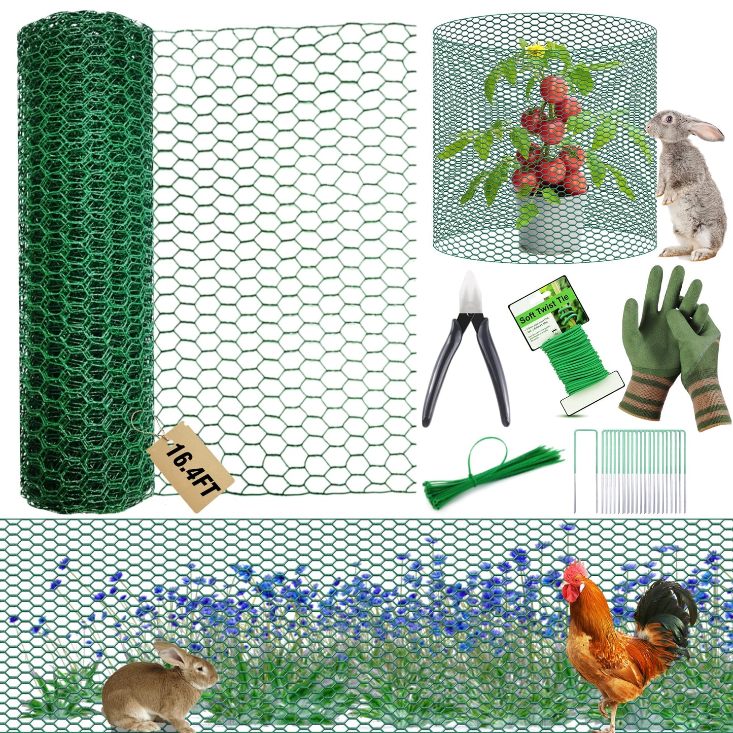 16.4Ft x16In Chicken Wire for Floral Arrangements - Free-Cut Green Metal Mesh with Hexagonal Galvanized PVC Coated Netting Guard Fence for Poultry, Garden, Plant