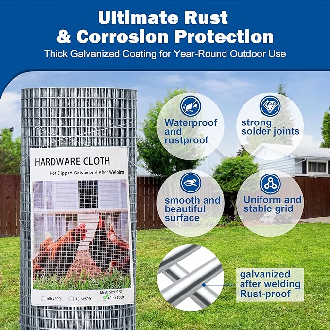 Galvanizing Hardware Cloth, Chicken Wire Mesh 1/2 inch 48in x 100ft, Chicken Wire Fence Rolls for Garden Plants, for Chicken Coops and Pet Fences Heavy Duty Cutting Pliers and Gloves