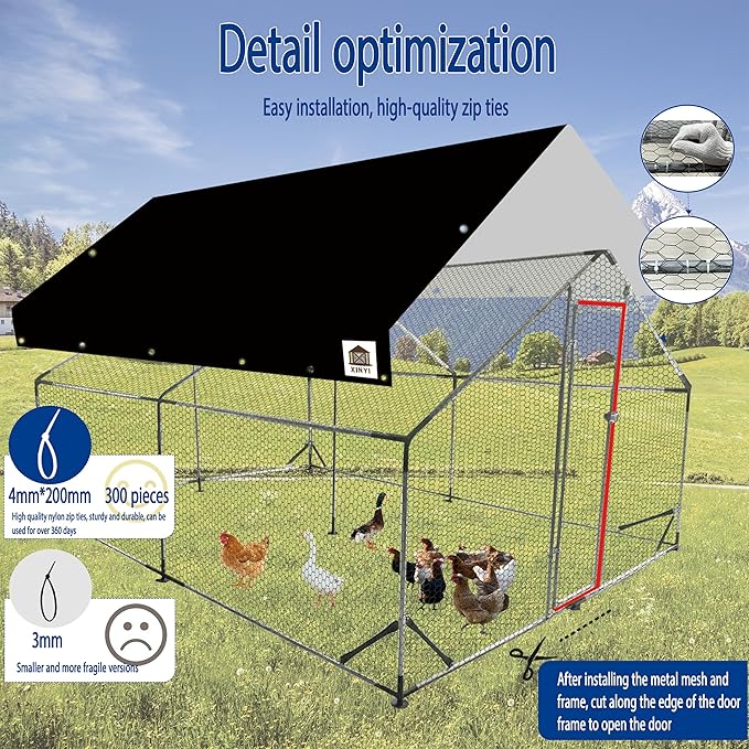 Chicken Coop Large Metal Chicken Run, Upgraded Anti-UV 180g/㎡ PE cloth & 1.1mm Thickened PVC-Coated hexagonal chicken Wire Mesh & More Galvanized Steel Standpipes, walk-in chicken coop, 13.1×9.8×6.4FT