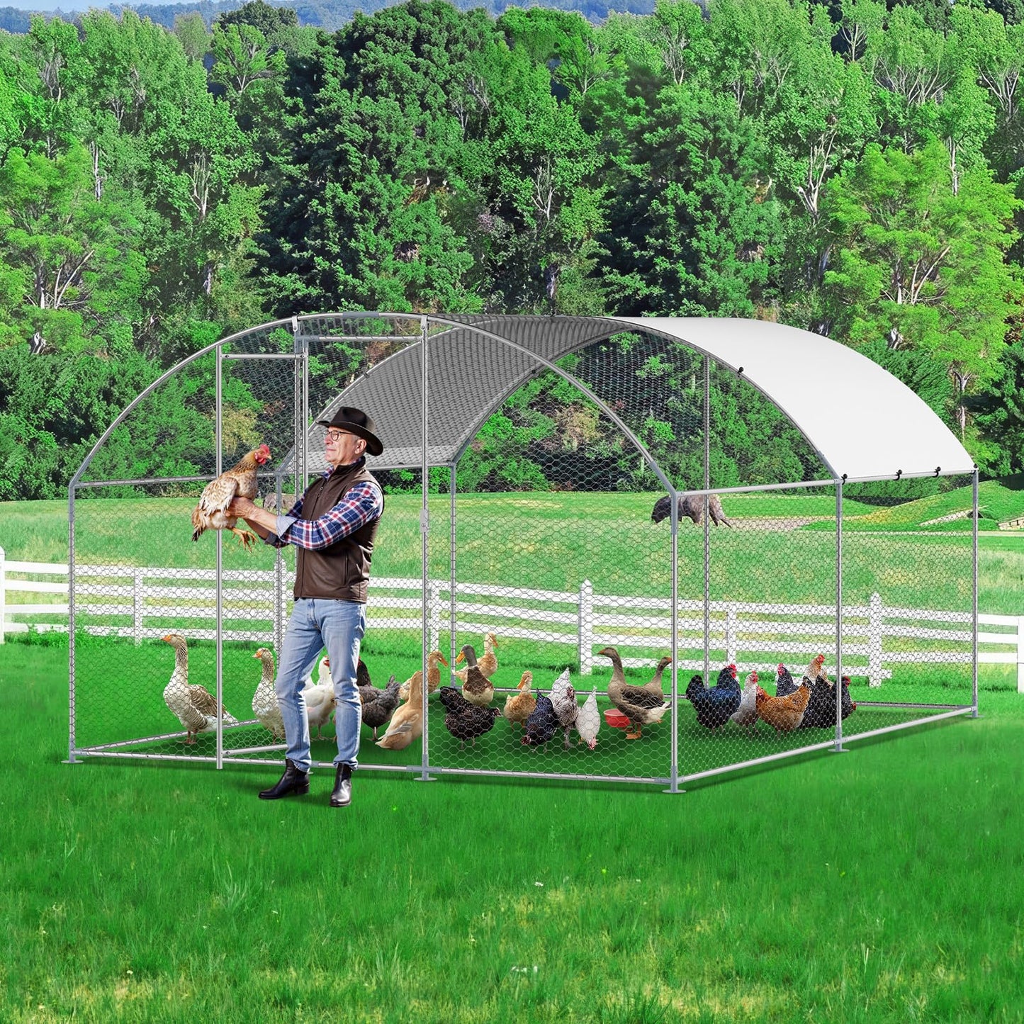 VEVOR Large Metal Chicken Coop with Run, 13.1 x 9.8 x 6.5 ft Walkin Chicken Coop for Yard with Waterproof Cover, Dome Roof Large Poultry Cage for Hen House, Duck Coop and Rabbit Run