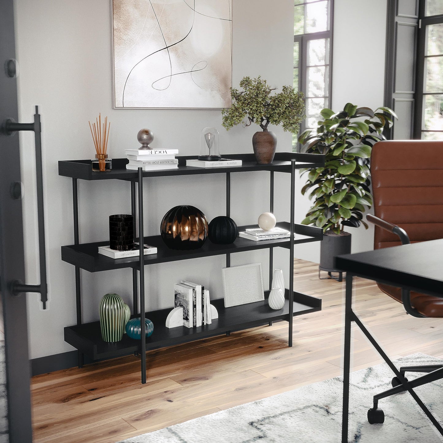 Martha Stewart Emmett 3 Shelf Bookcase with Vertical Metal Frame, Home Office Storage Display Unit, 35" H, Black Wood Grain/Oil Rubbed Bronze