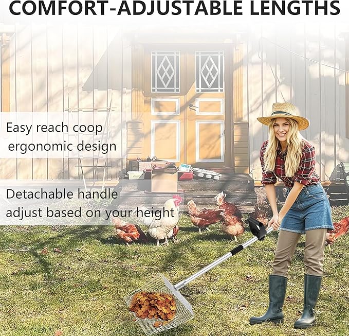 16-inch Large Chicken Poop Scooper with Ergonomic Grip, 4 in 1 Adjustable Chicken Coop Litter Scoop (31 to 77"), Multifunctional Litter Sifting Shovel Scoop- for Chicken Coop/Goat Stall/Stable