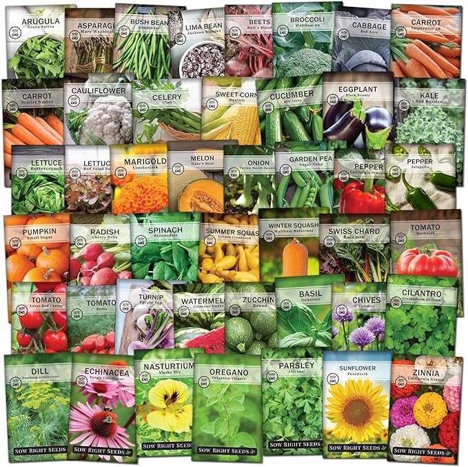 Sow Right Seeds - Complete Garden Seed Collection for Planting - 45 Non-GMO Heirloom Vegetable, Herb and Flower Varieties - Every Seed You Need to Plant and Grow a Bountiful Home Garden - Great Gift